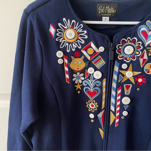 Bob Mackie Wearable Art Jubilation Cat Heart Flower Folk Art Embroidered Jacket - Picture 4 of 10